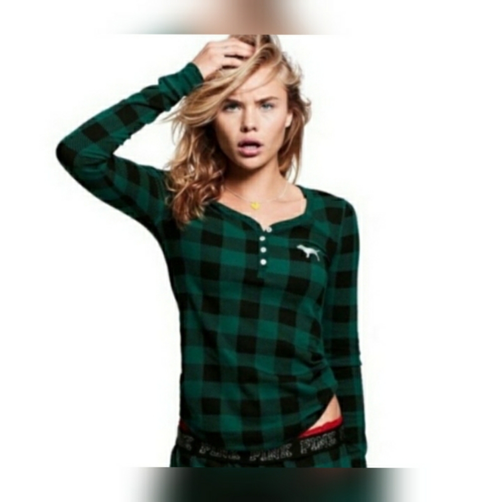 Victoria's Secret Pink Henley Green And Black Thermal Shirt Size Large